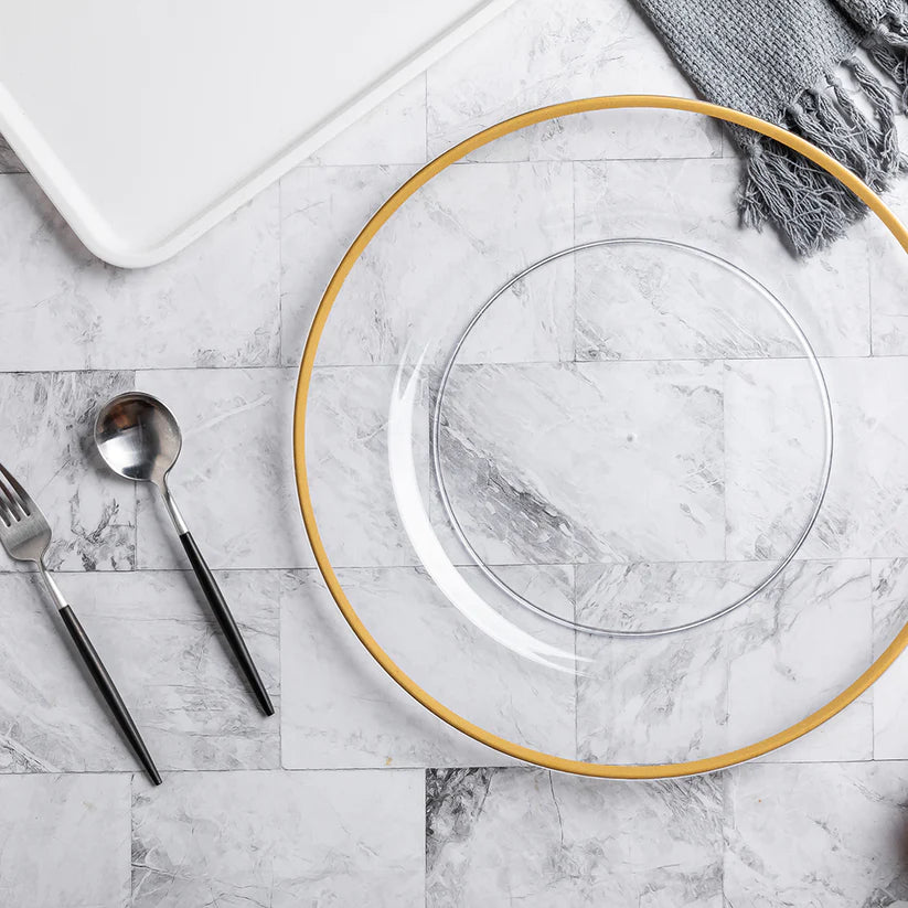 Gold Trim Clear Acrylic Charger Rental