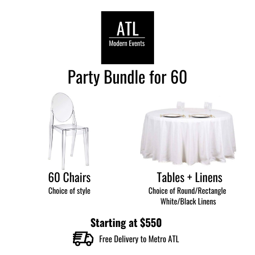 Party Rentals Bundle including tables chairs and linens