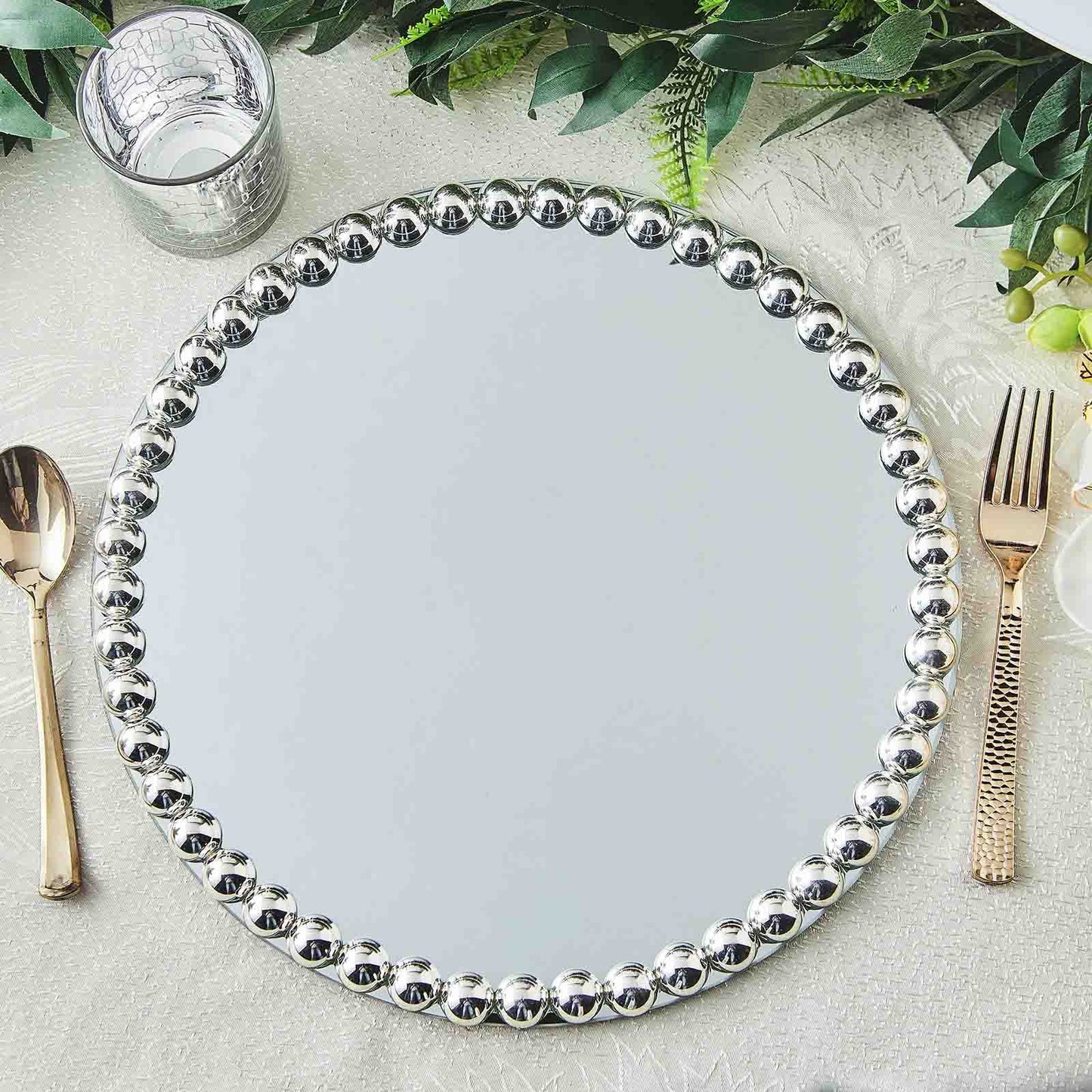 
                  
                    Mirrored Glass Beaded Charger Rental
                  
                