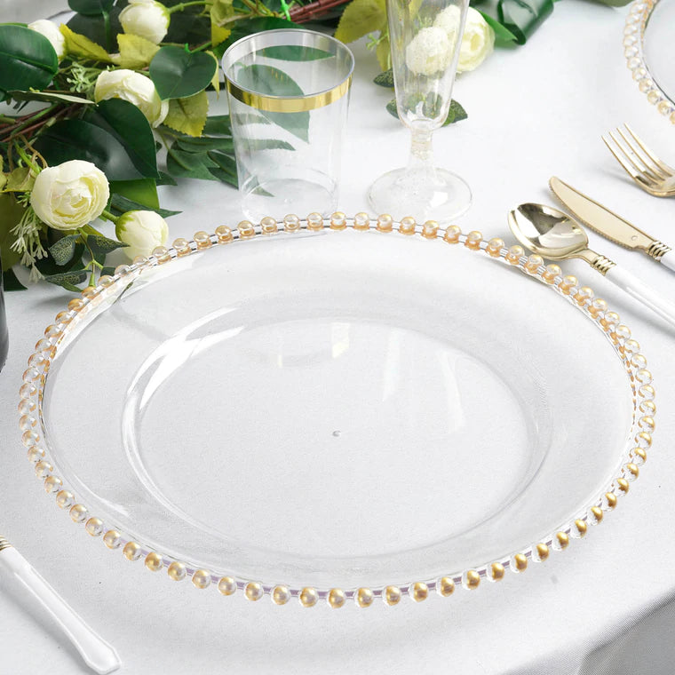 
                  
                    Gold Bead Trim Acrylic Charger Rental
                  
                